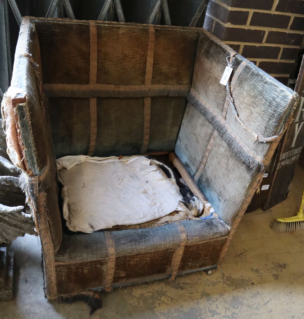 A Victorian square framed armchair, width 85cm, depth 74cm, height 86cm